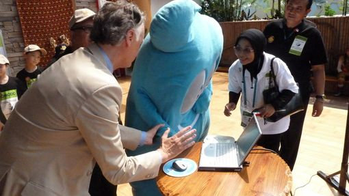 "Haibao", the Official EXPO 2010 mascot, tries his hand at democracy. "Haibao", the Official EXPO 2010 mascot, tries his hand at democracy.