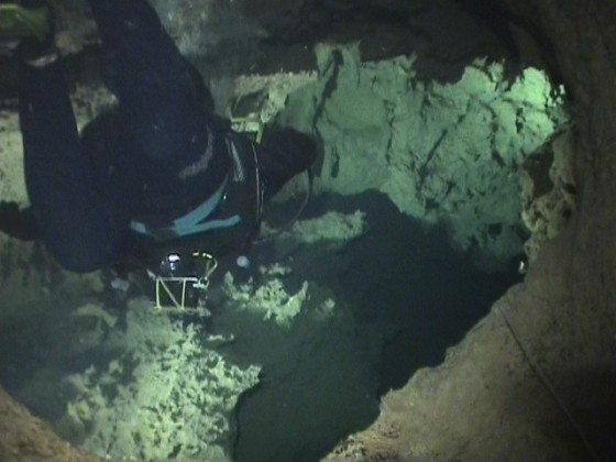 Divers at the entrance of the newly-discovered underwater cave at Jeita Grotto 