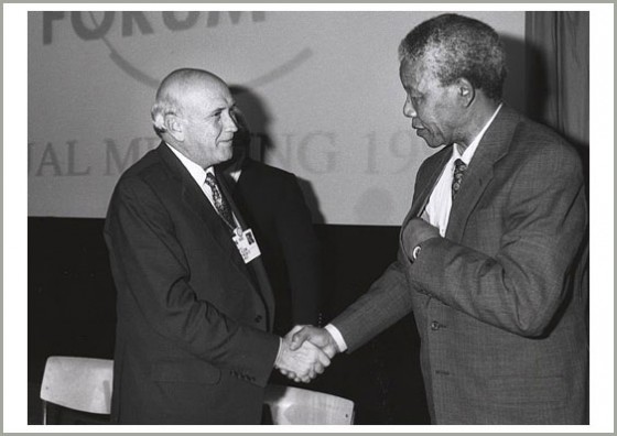 FW de Klerk and Nelson Mandela shaking hands
