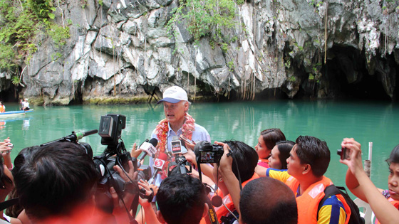 Bernard Weber, Founder-President of New7Wonders, meets the media at the Puerto Princesa Underground River in Palawan Province, the Philippines. 
