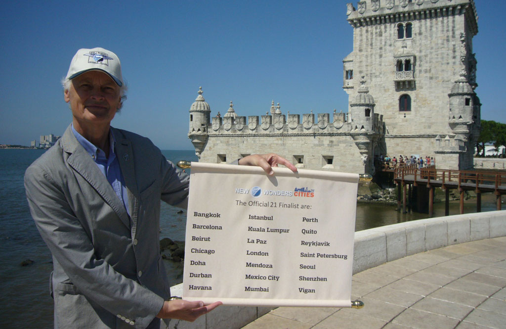 Bernard Weber, Founder-President of New7Wonders, revealing the 21 qualifying cities at the historic 500 year-old Torre de Belem in Lisbon, Portugal, the city where the first-ever New7Wonders campaign declaration event took place on 07/07/07, exactly 7 years ago today.