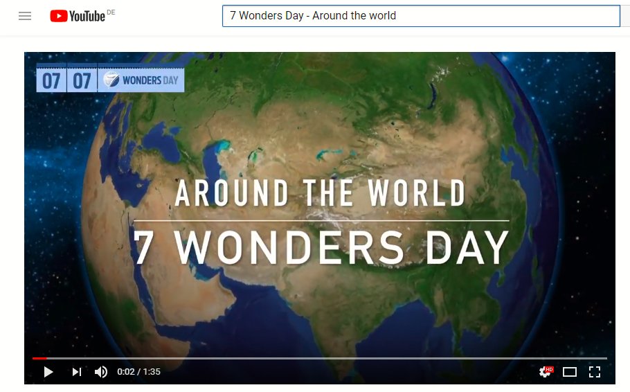 Central of this year's commemoration is the 7 Wonders Day Around The World video, which takes viewers on a World-Wonders tour, from Jeu Island in South Korea to Chichén Itzá in Mexico.